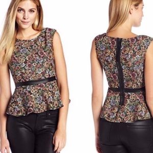 ✨ Last Call ✨Bcbgeneration tapestry floral and faux leather peplum top size 2
